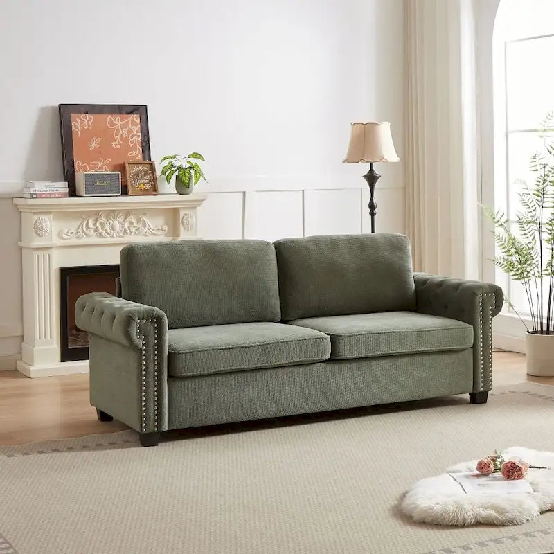 Canapé-lit convertible, polyester, vert / gris / beige, 2 places