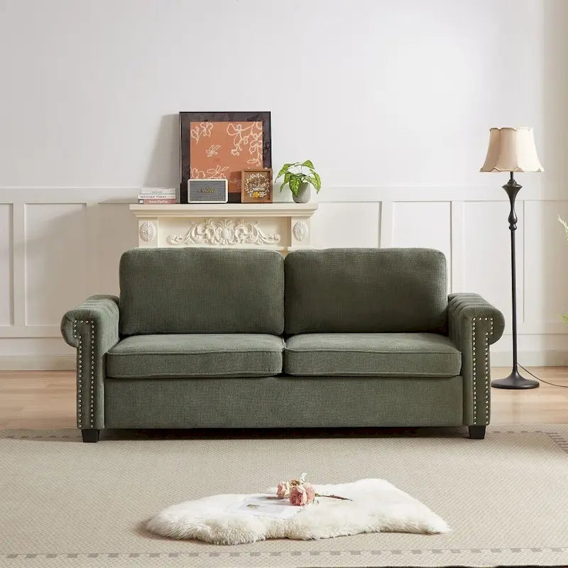 Canapé-lit convertible, polyester, vert / gris / beige, 2 places