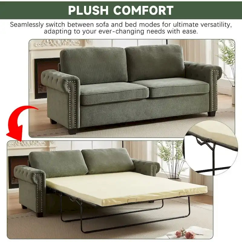 Canapé-lit convertible, polyester, vert / gris / beige, 2 places