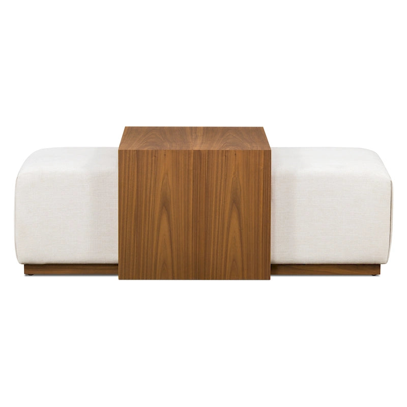 Ottoman en cuir italien pleine fleur avec table coulissante en placage de noyer, blanc bouleau / havane / tan sénoufo