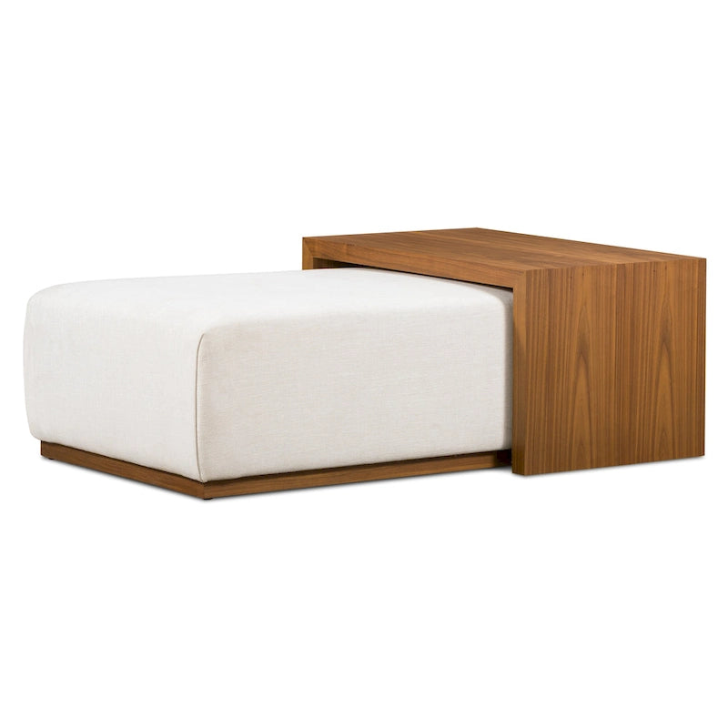 Ottoman en cuir italien pleine fleur avec table coulissante en placage de noyer, blanc bouleau / havane / tan sénoufo