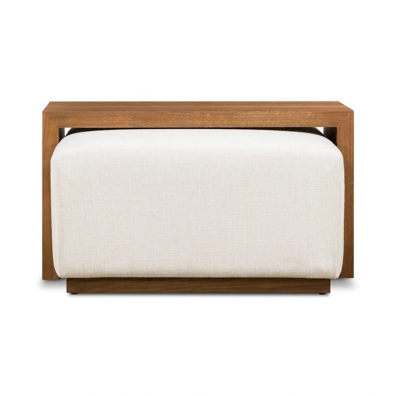 Ottoman en cuir italien pleine fleur avec table coulissante en placage de noyer, blanc bouleau / havane / tan sénoufo