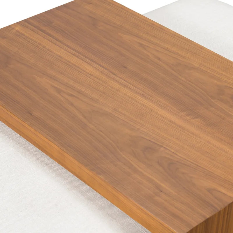 Ottoman en cuir italien pleine fleur avec table coulissante en placage de noyer, blanc bouleau / havane / tan sénoufo