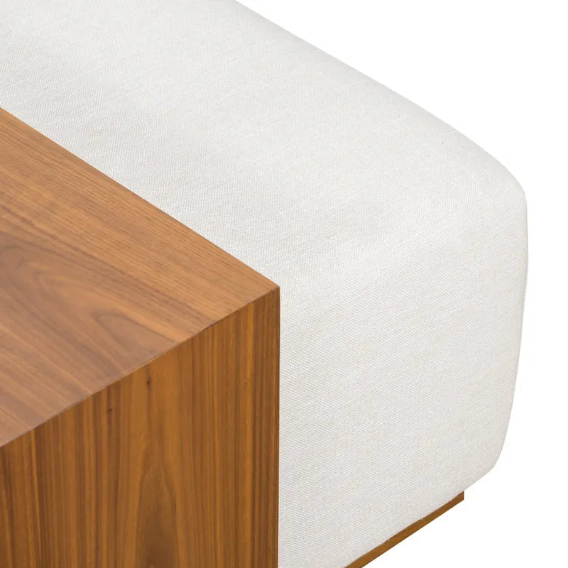 Ottoman en cuir italien pleine fleur avec table coulissante en placage de noyer, blanc bouleau / havane / tan sénoufo