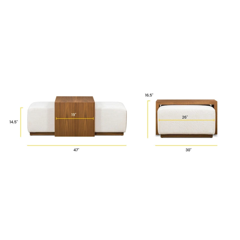 Ottoman en cuir italien pleine fleur avec table coulissante en placage de noyer, blanc bouleau / havane / tan sénoufo