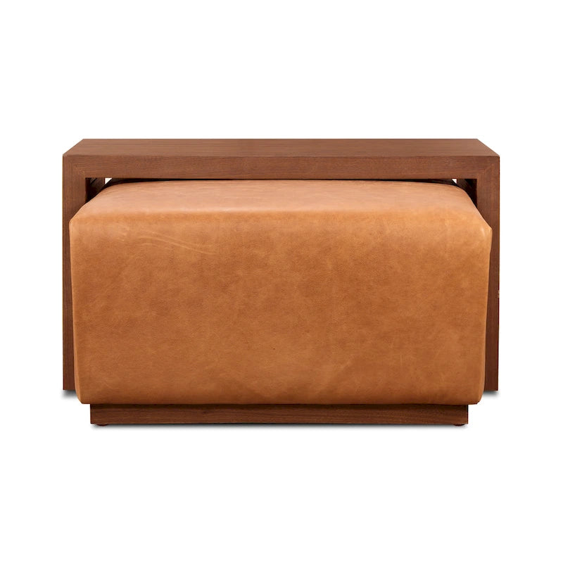 Ottoman en cuir italien pleine fleur avec table coulissante en placage de noyer, blanc bouleau / havane / tan sénoufo
