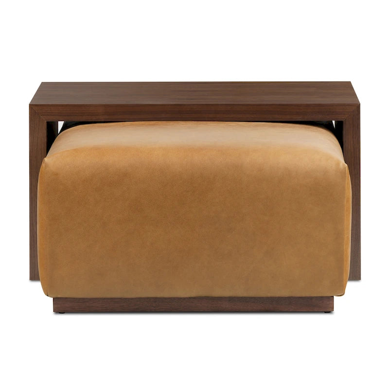 Ottoman en cuir italien pleine fleur avec table coulissante en placage de noyer, blanc bouleau / havane / tan sénoufo