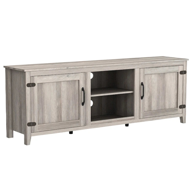 Meuble TV industriel de 70 po avec 2 portes et 4 compartiments de rangement ouverts, gris/noir