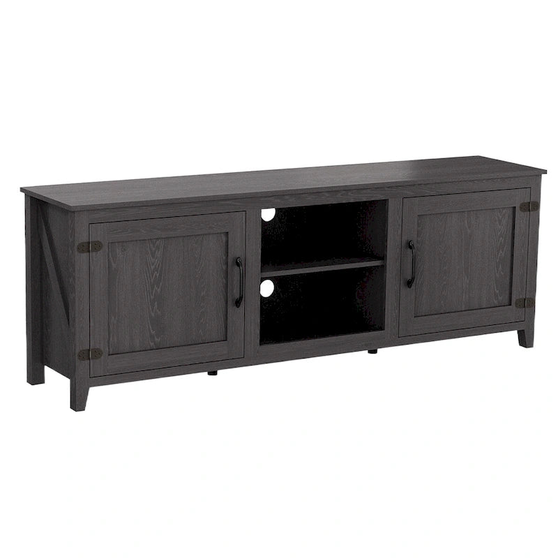 Meuble TV industriel de 70 po avec 2 portes et 4 compartiments de rangement ouverts, gris/noir