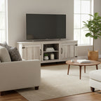 Meuble TV industriel de 70 po avec 2 portes et 4 compartiments de rangement ouverts, gris/noir