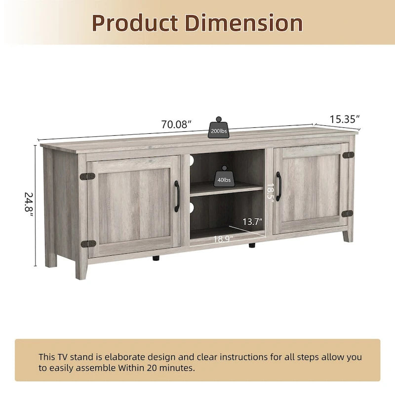Meuble TV industriel de 70 po avec 2 portes et 4 compartiments de rangement ouverts, gris/noir