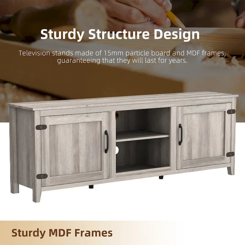 Meuble TV industriel de 70 po avec 2 portes et 4 compartiments de rangement ouverts, gris/noir