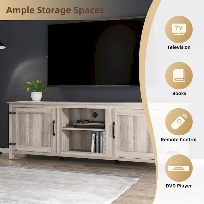 Meuble TV industriel de 70 po avec 2 portes et 4 compartiments de rangement ouverts, gris/noir
