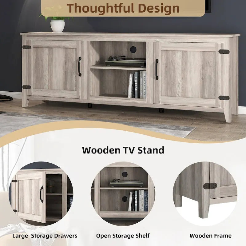 Meuble TV industriel de 70 po avec 2 portes et 4 compartiments de rangement ouverts, gris/noir