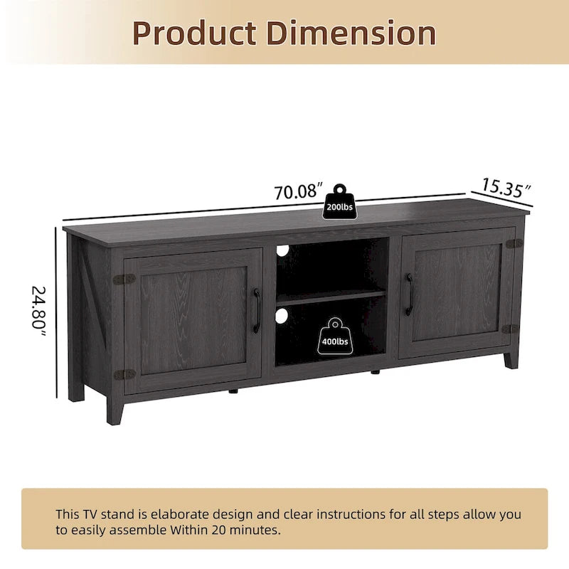 Meuble TV industriel de 70 po avec 2 portes et 4 compartiments de rangement ouverts, gris/noir