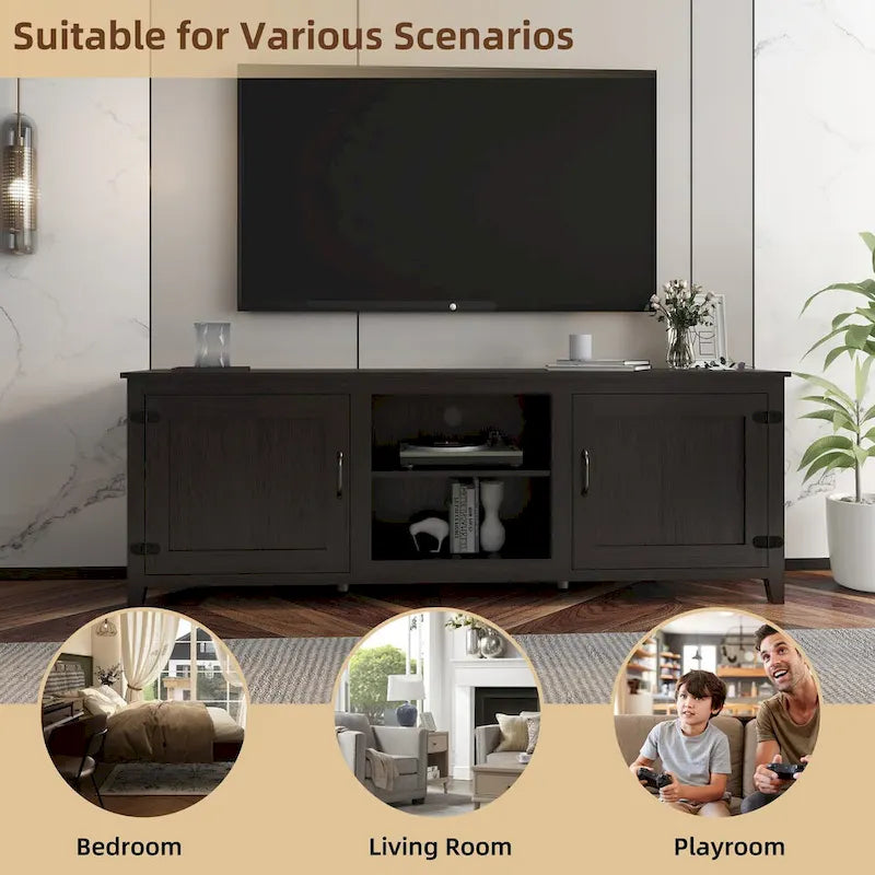 Meuble TV industriel de 70 po avec 2 portes et 4 compartiments de rangement ouverts, gris/noir