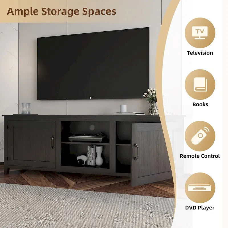 Meuble TV industriel de 70 po avec 2 portes et 4 compartiments de rangement ouverts, gris/noir