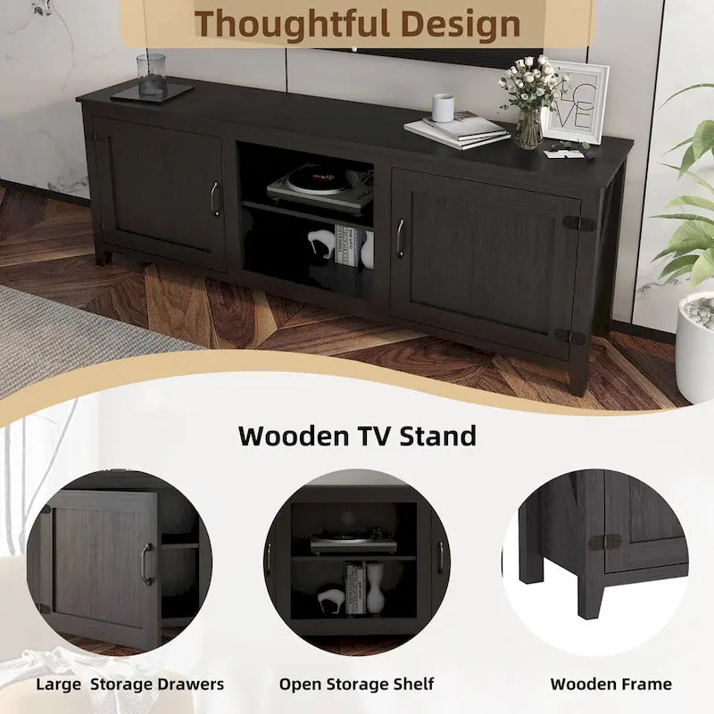 Meuble TV industriel de 70 po avec 2 portes et 4 compartiments de rangement ouverts, gris/noir
