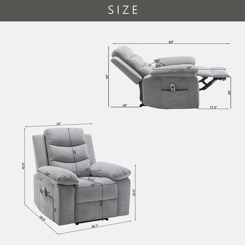 Fauteuil inclinable électrique avec massage et chaleur, gris clair, 1 place