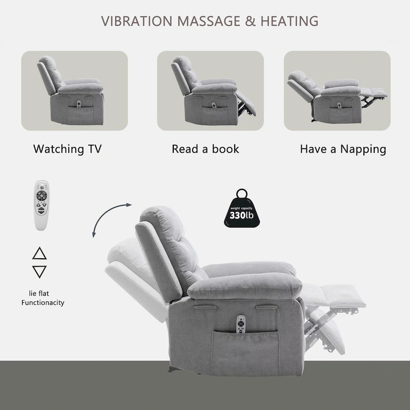 Fauteuil inclinable électrique avec massage et chaleur, gris clair, 1 place