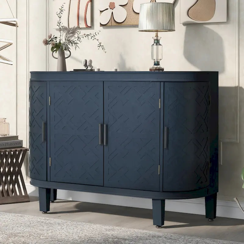 Buffet d'appoint 2 portes à motif ondulé avec pieds en bois, bleu marine / gris / noir / blanc