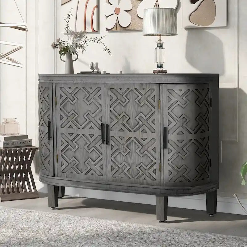 Buffet d'appoint 2 portes à motif ondulé avec pieds en bois, bleu marine / gris / noir / blanc