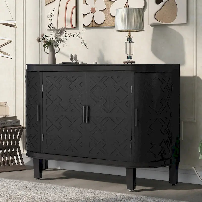 Buffet d'appoint 2 portes à motif ondulé avec pieds en bois, bleu marine / gris / noir / blanc