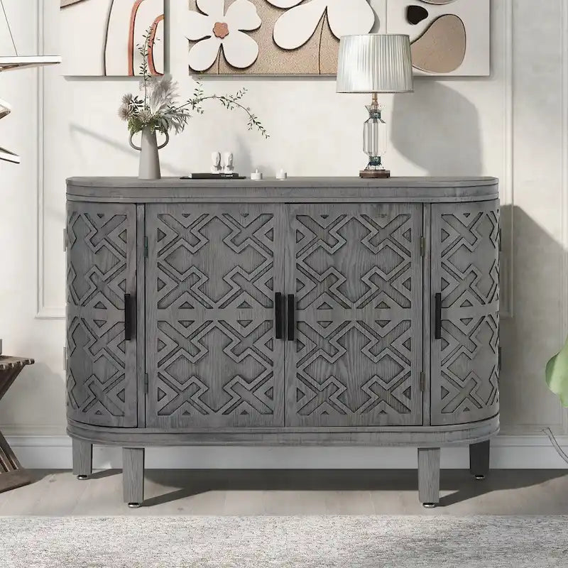 Buffet d'appoint 2 portes à motif ondulé avec pieds en bois, bleu marine / gris / noir / blanc