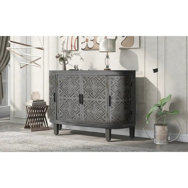 Buffet d'appoint 2 portes à motif ondulé avec pieds en bois, bleu marine / gris / noir / blanc