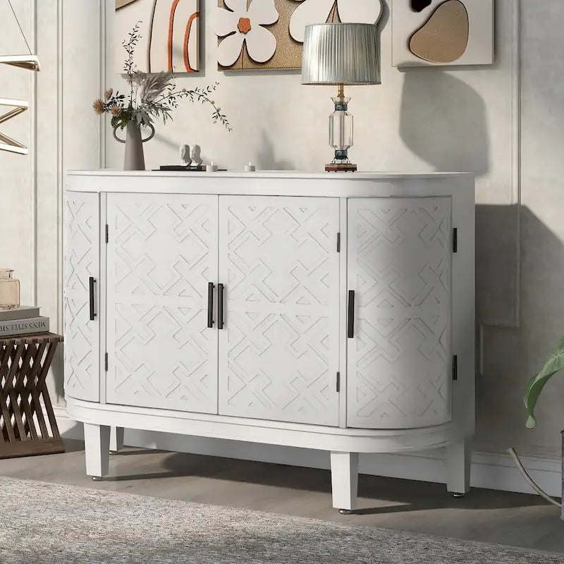 Buffet d'appoint 2 portes à motif ondulé avec pieds en bois, bleu marine / gris / noir / blanc
