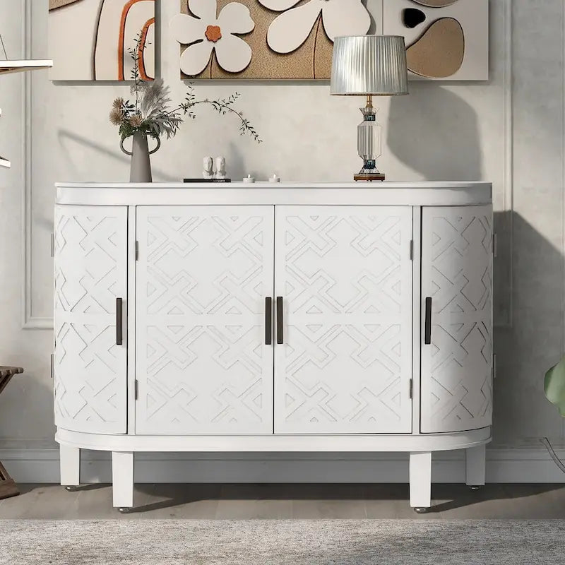 Buffet d'appoint 2 portes à motif ondulé avec pieds en bois, bleu marine / gris / noir / blanc