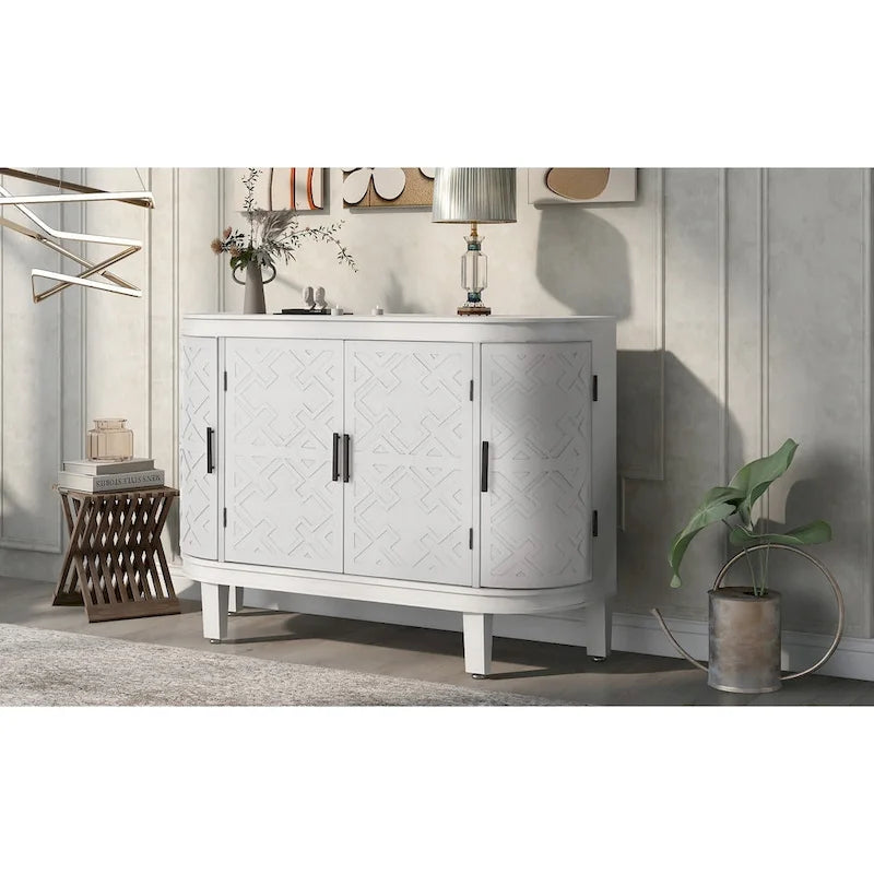 Buffet d'appoint 2 portes à motif ondulé avec pieds en bois, bleu marine / gris / noir / blanc