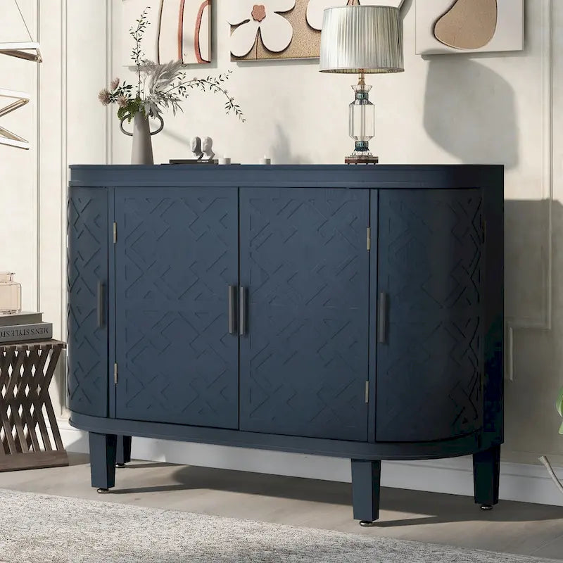 Buffet d'appoint 2 portes à motif ondulé avec pieds en bois, bleu marine / gris / noir / blanc