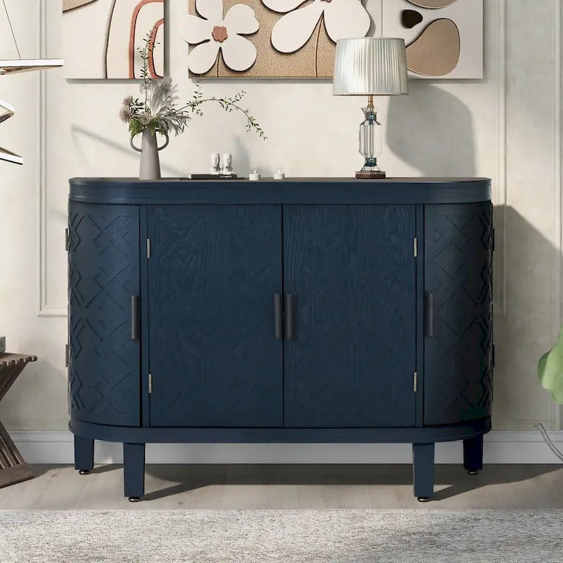 Buffet d'appoint 2 portes à motif ondulé avec pieds en bois, bleu marine / gris / noir / blanc