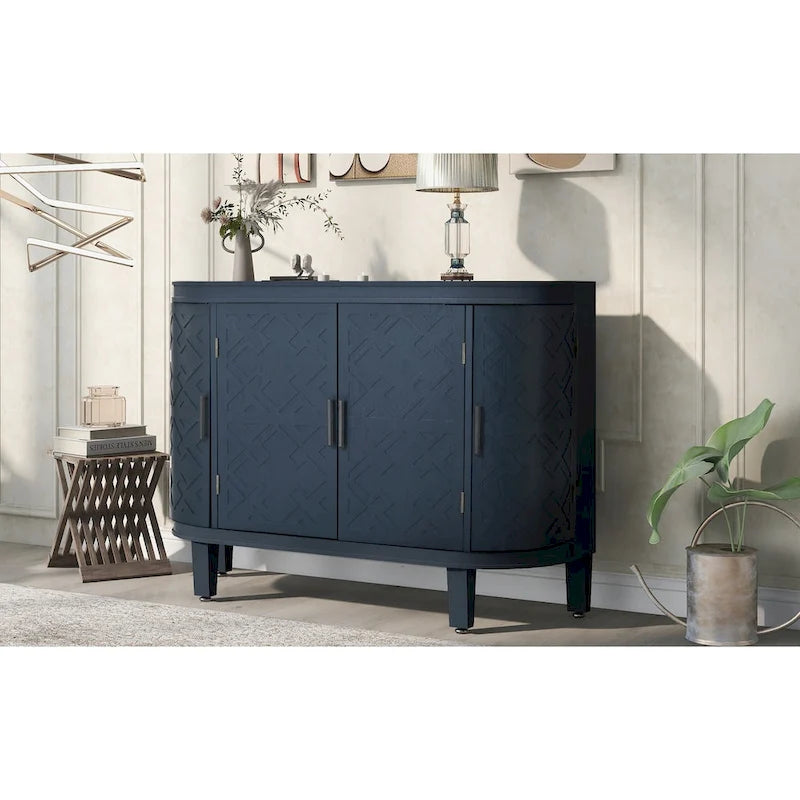 Buffet d'appoint 2 portes à motif ondulé avec pieds en bois, bleu marine / gris / noir / blanc