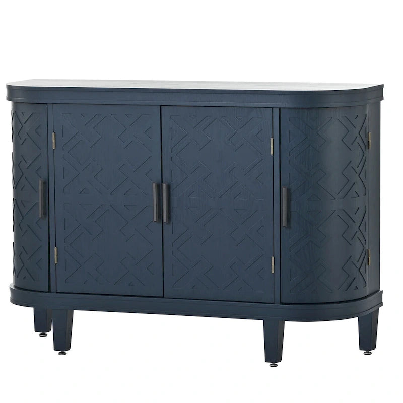 Buffet d'appoint 2 portes à motif ondulé avec pieds en bois, bleu marine / gris / noir / blanc