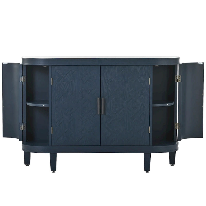 Buffet d'appoint 2 portes à motif ondulé avec pieds en bois, bleu marine / gris / noir / blanc
