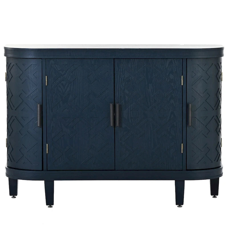 Buffet d'appoint 2 portes à motif ondulé avec pieds en bois, bleu marine / gris / noir / blanc