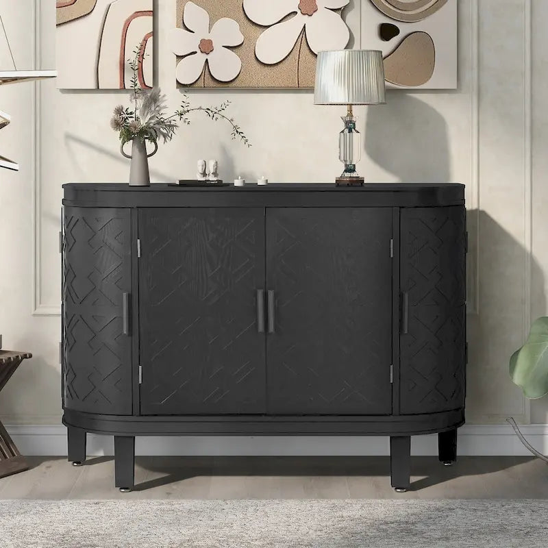 Buffet d'appoint 2 portes à motif ondulé avec pieds en bois, bleu marine / gris / noir / blanc