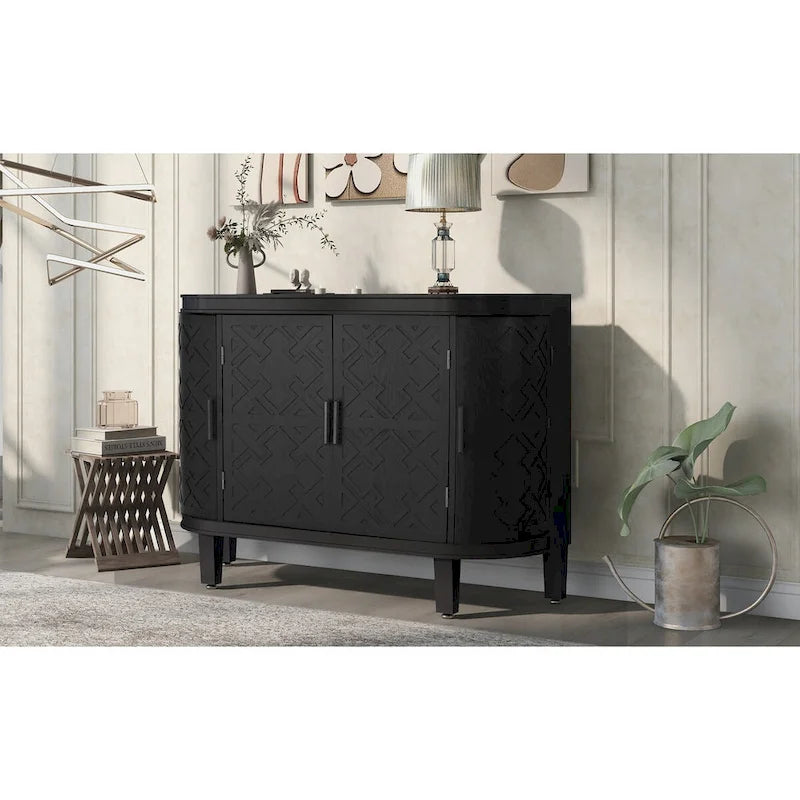 Buffet d'appoint 2 portes à motif ondulé avec pieds en bois, bleu marine / gris / noir / blanc