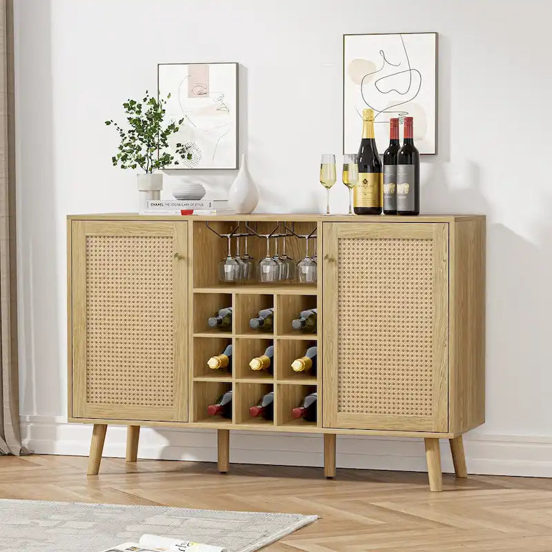 Buffet en rotin à 2 portes avec casier à vin et porte-verres, Chêne naturel