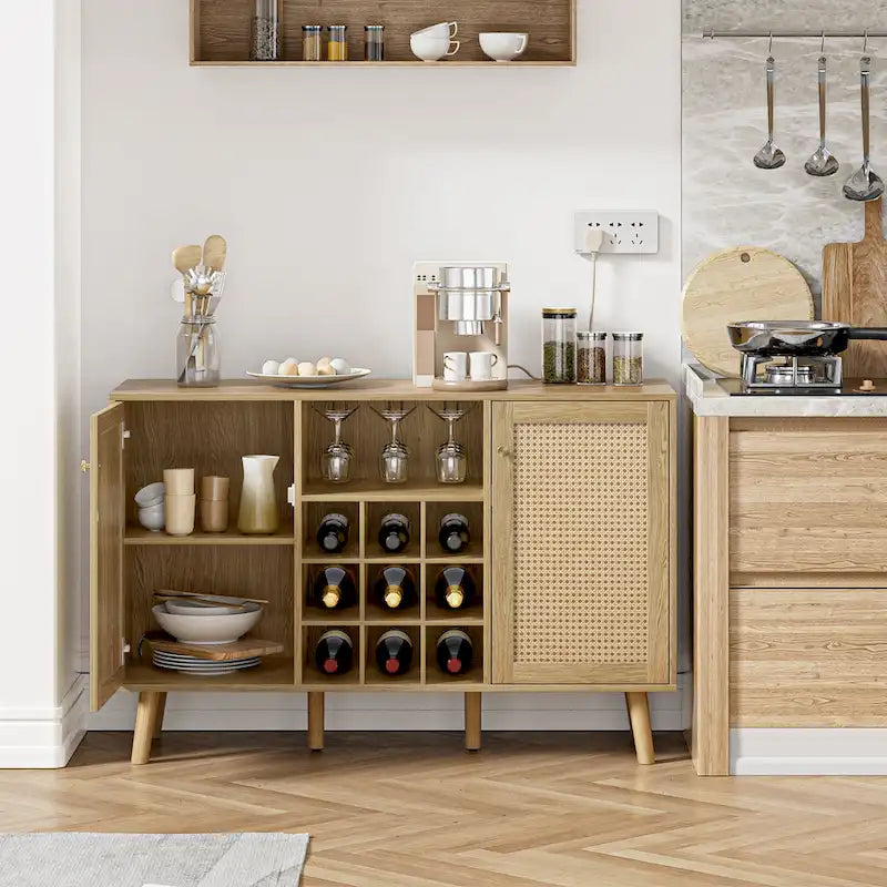 Buffet en rotin à 2 portes avec casier à vin et porte-verres, Chêne naturel