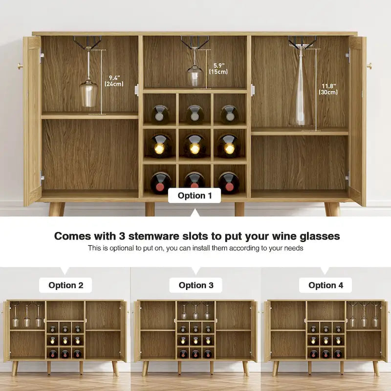 Buffet en rotin à 2 portes avec casier à vin et porte-verres, Chêne naturel