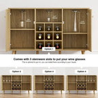 Buffet en rotin à 2 portes avec casier à vin et porte-verres, Chêne naturel