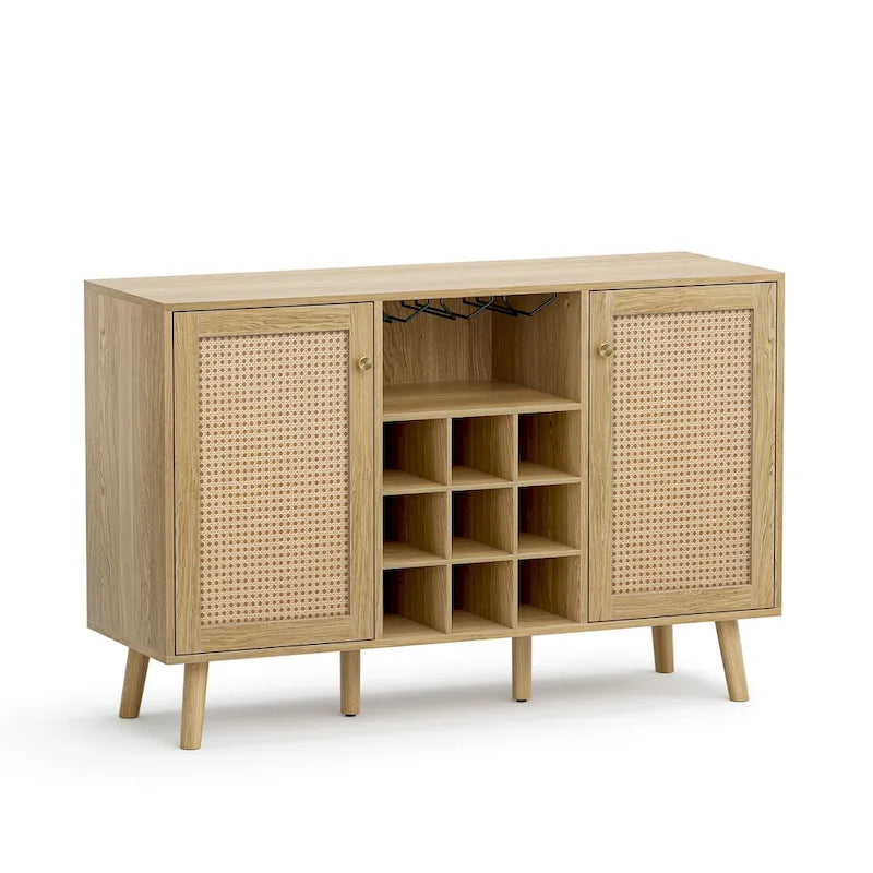 Buffet en rotin à 2 portes avec casier à vin et porte-verres, Chêne naturel
