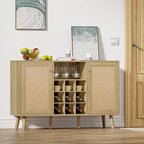 Buffet en rotin à 2 portes avec casier à vin et porte-verres, Chêne naturel