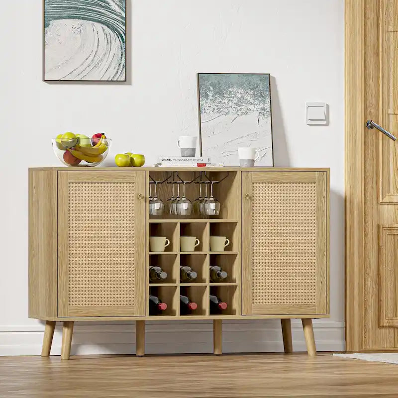 Buffet en rotin à 2 portes avec casier à vin et porte-verres, Chêne naturel