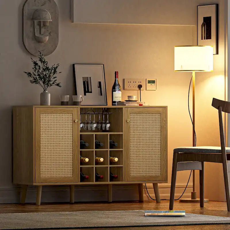 Buffet en rotin à 2 portes avec casier à vin et porte-verres, Chêne naturel