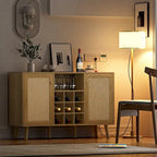Buffet en rotin à 2 portes avec casier à vin et porte-verres, Chêne naturel