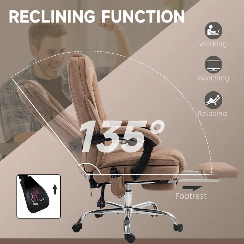 Fauteuil de bureau massant avec chauffage, repose-pieds et dossier inclinable, rose / beige / marron / gris